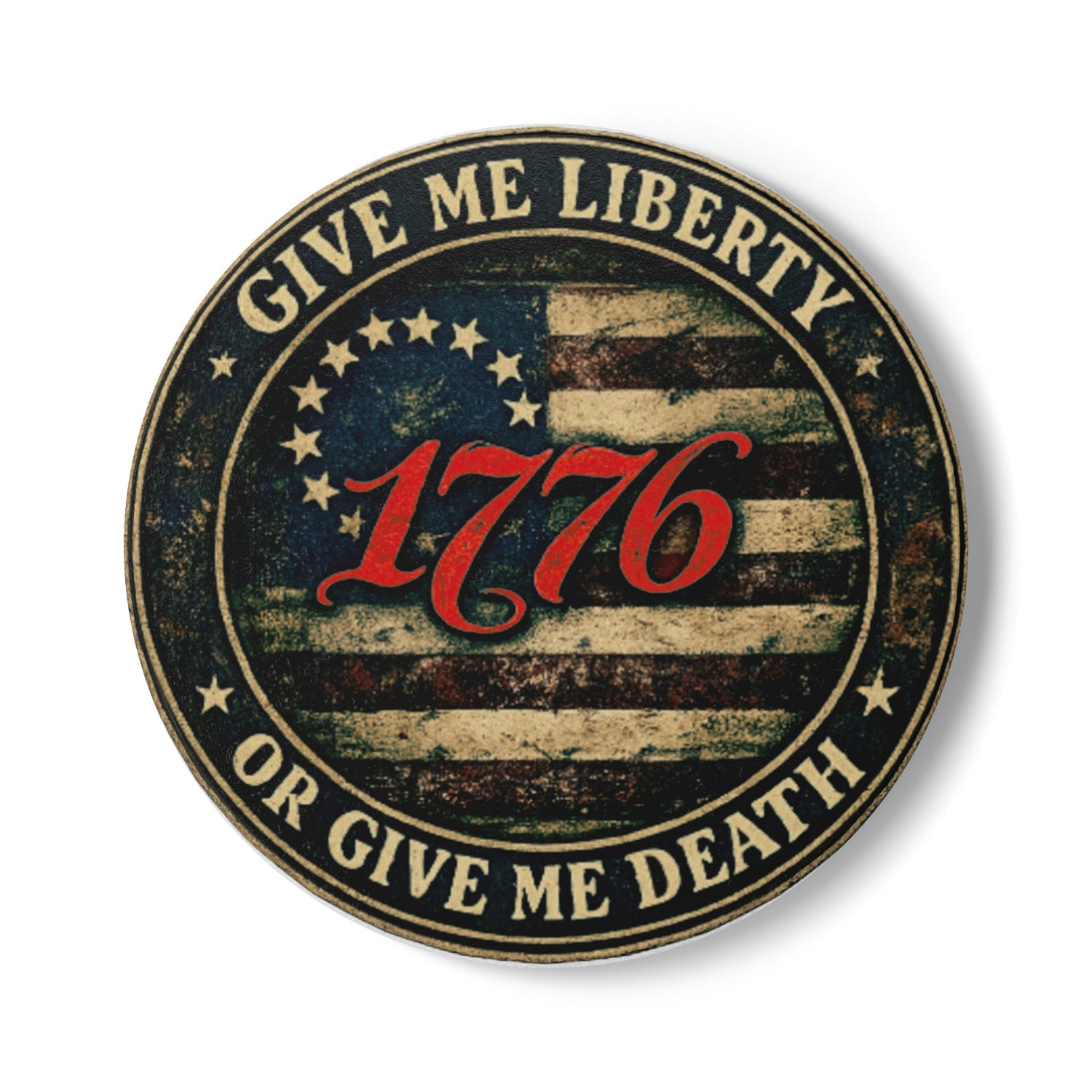 1776 'Give Me Liberty or Give Me Death' Ceramic Coaster — Patriotic American Flag Drink Mat