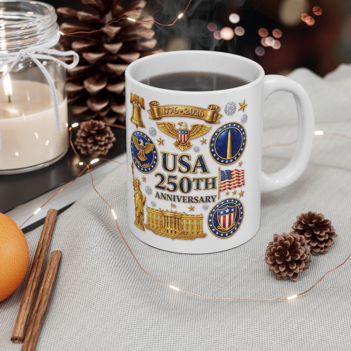 Patriotic US Symbols Ceramic Mug – Liberty Bell, Eagle & Statues 11oz/15oz