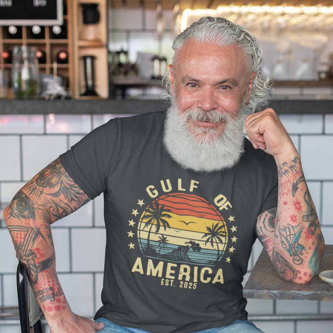 Gulf of America Unisex Tee, Tropical Vibes Shirt, Beach Graphic Tee, Vacation Apparel, Retro Sunset Top, Summer Fun T-Shirt