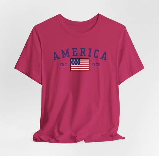 America Est 1776 Patriotic Unisex T-Shirt (Blue Letters) Celebrate Freedom and Liberty, USA Tee, Independence Day Shirt - Premium T-Shirt from Old Glory 1776 Apparel - Just $26.99! Shop now at Old Glory 1776 Apparel