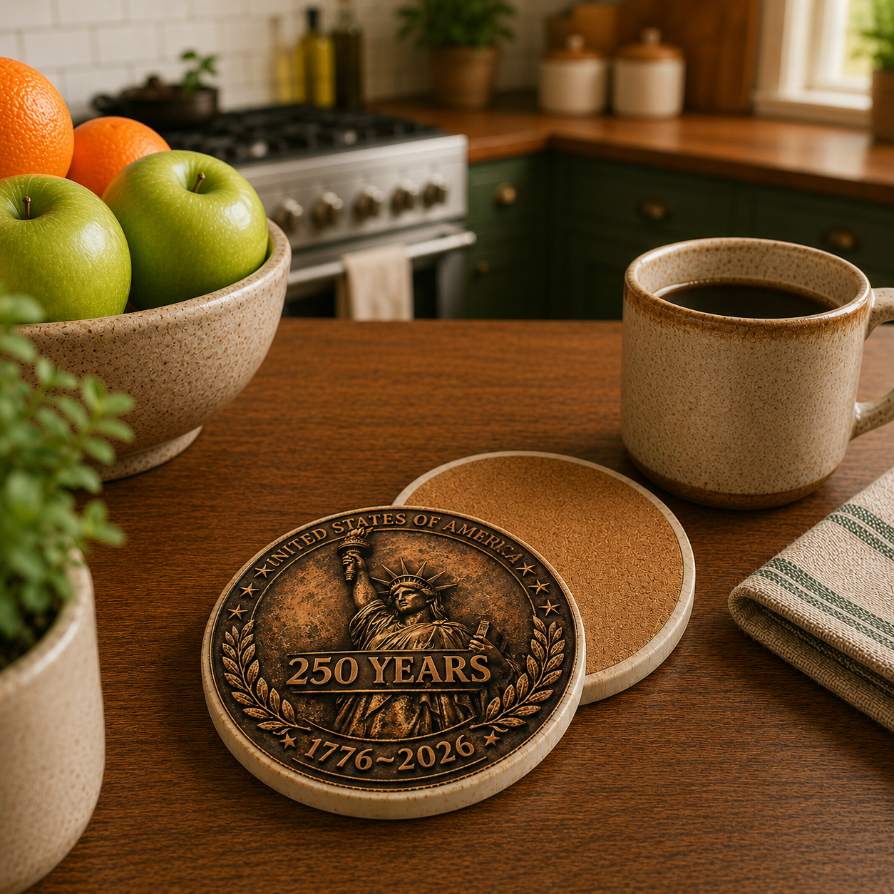 250 Years Statue of Liberty Ceramic Coaster — 1776–2026 Centennial Patriotic Drink Coaster