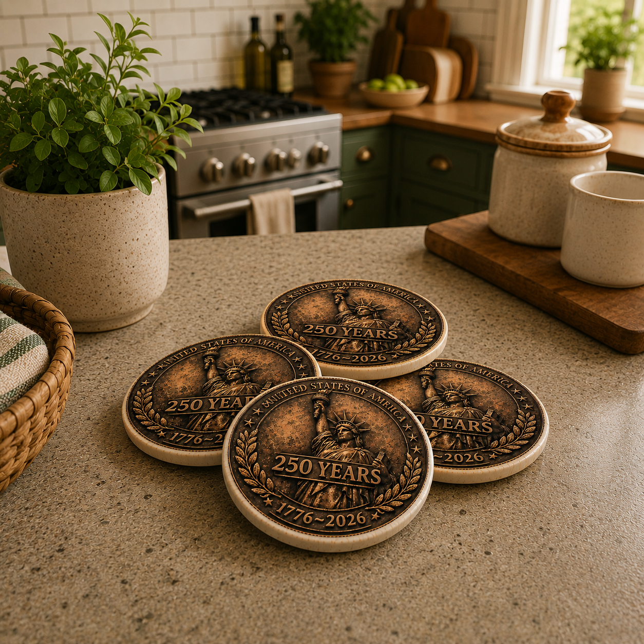 250 Years Statue of Liberty Ceramic Coaster — 1776–2026 Centennial Patriotic Drink Coaster
