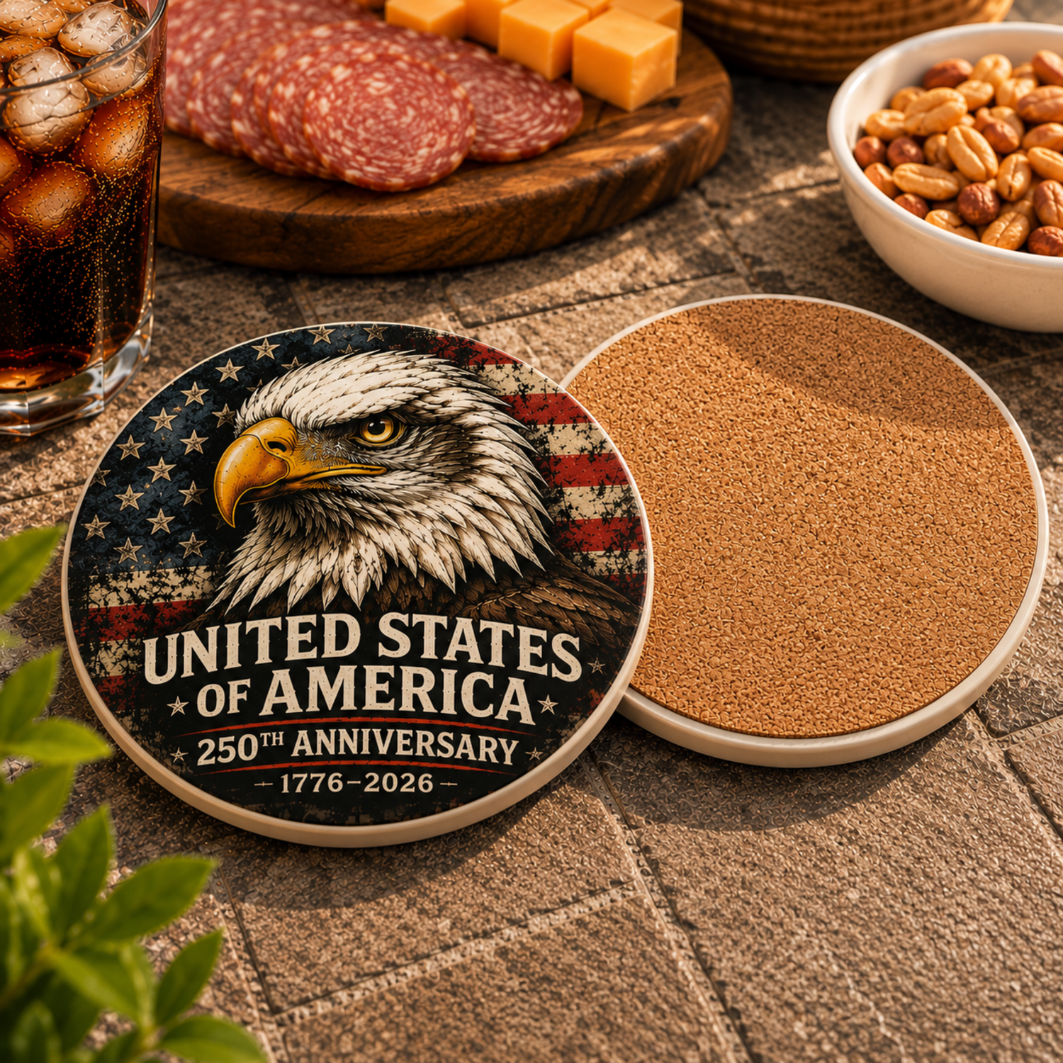 250th Anniversary USA Eagle Ceramic Coaster — United States of America Patriotic Drink Coaster