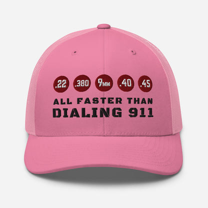 Humorous Snapback Trucker Cap - "All Faster Than Dialing 911"