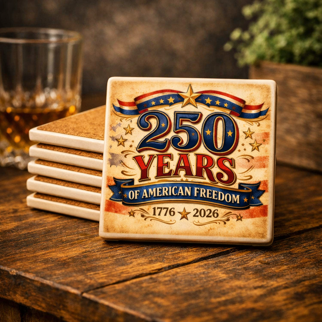 250 Years of American Freedom Ceramic Coaster — 1776–2026 Patriotic Independence Day Gift